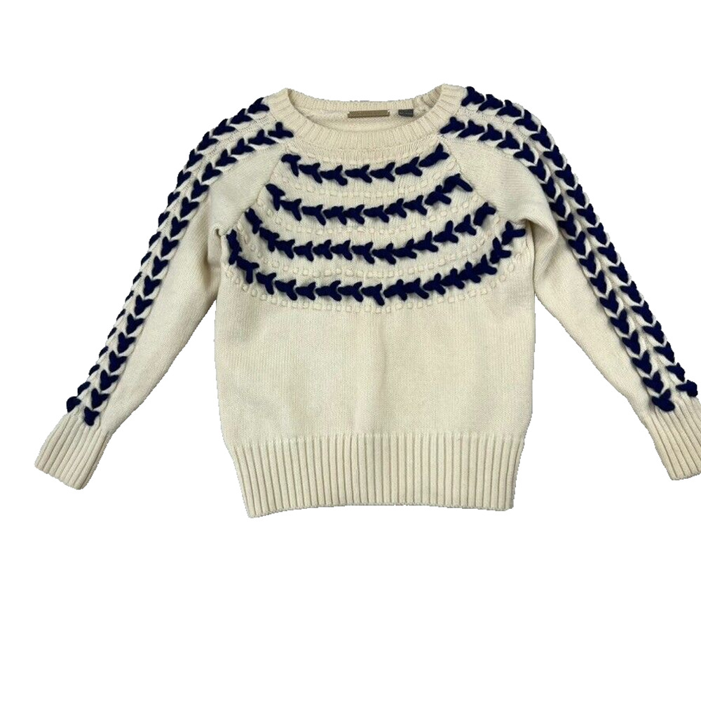 Foundrae Sweater Women Xsmall Cream Blue Trim Knit Merino Wool
